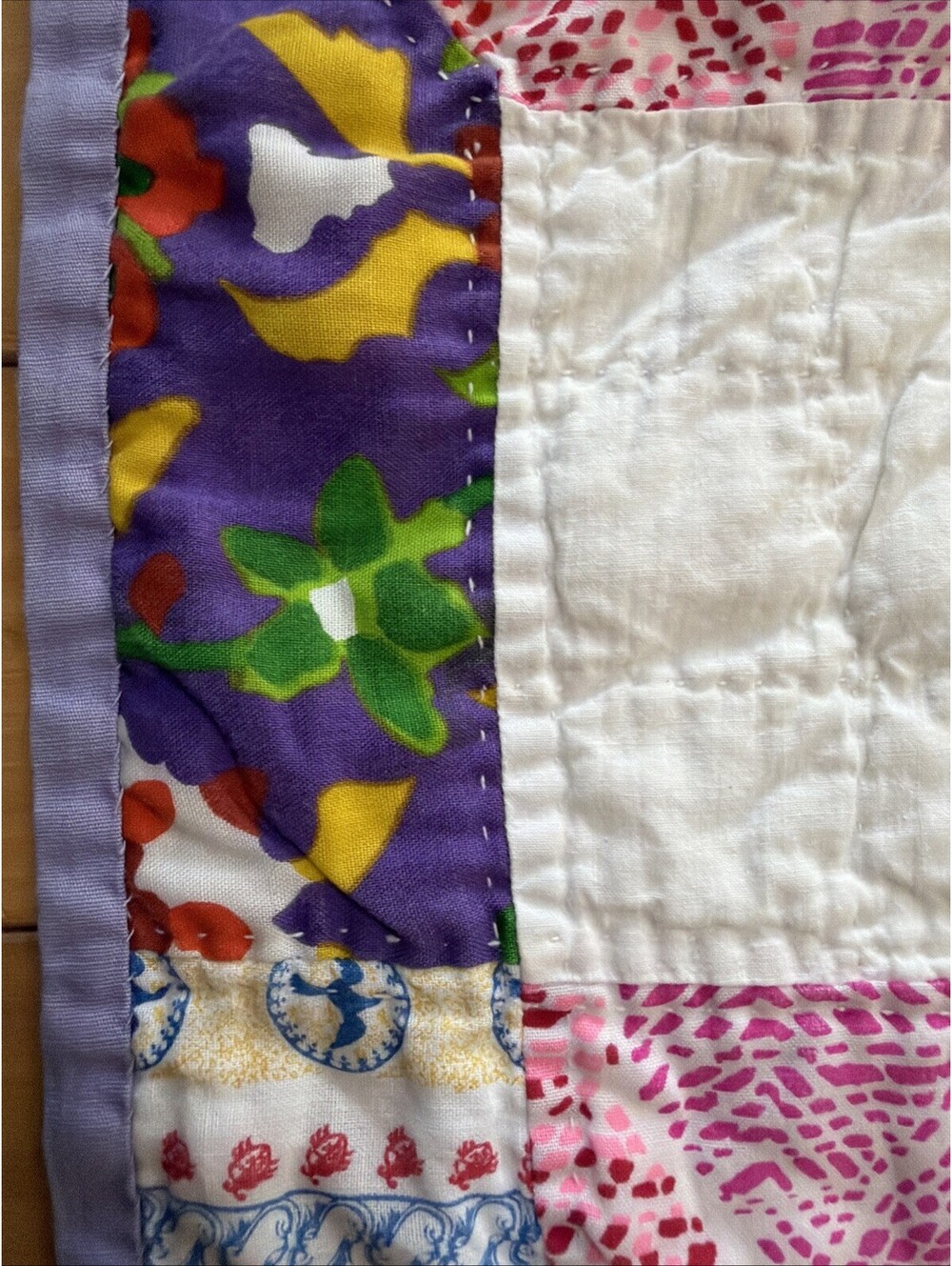 VTG 1970s Quilt Hand Stitched Squares Awesome Retro Fabrics Colorful 56x77” - Picture 6 of 15